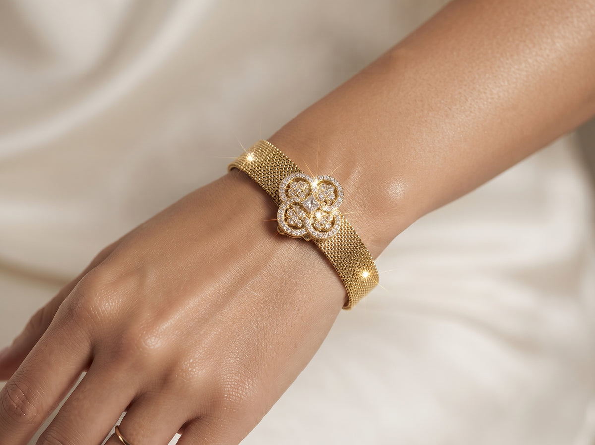 Sparkling Clover Flower Zircon Mesh Cuff Bracelet – 18K Gold Plated Statement Wristwear for Women