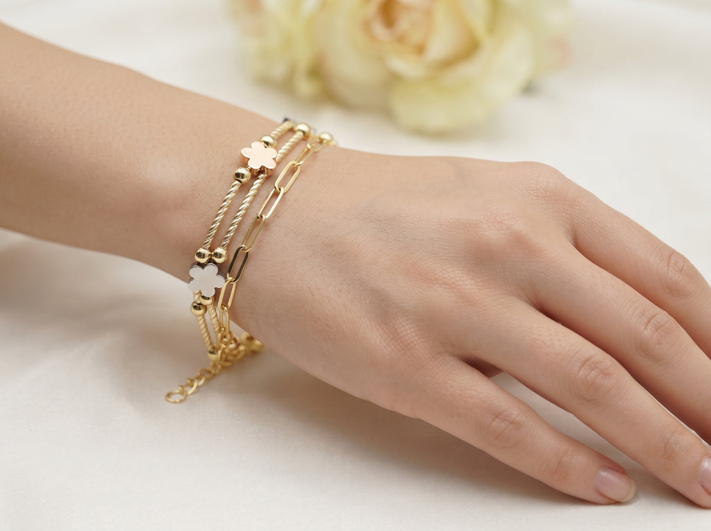 Tri-Color Zircon Layered Flower Chain Bracelet
