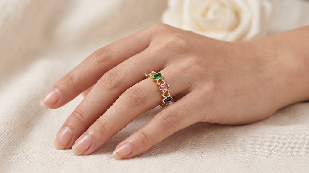 Multi-Color Baguette Crystal & Open Heart Band Ring – 18K Gold Plated Statement Ring