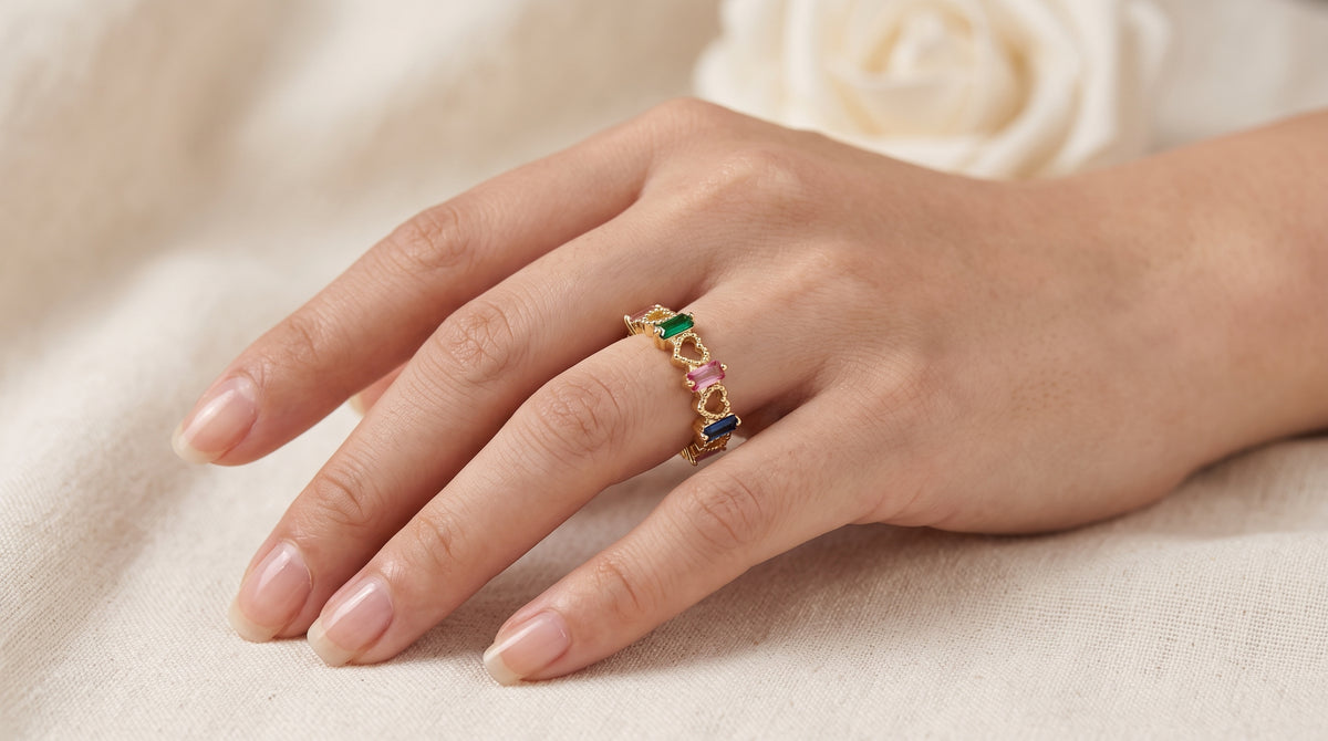 Multi-Color Baguette Crystal & Open Heart Band Ring – 18K Gold Plated Statement Ring