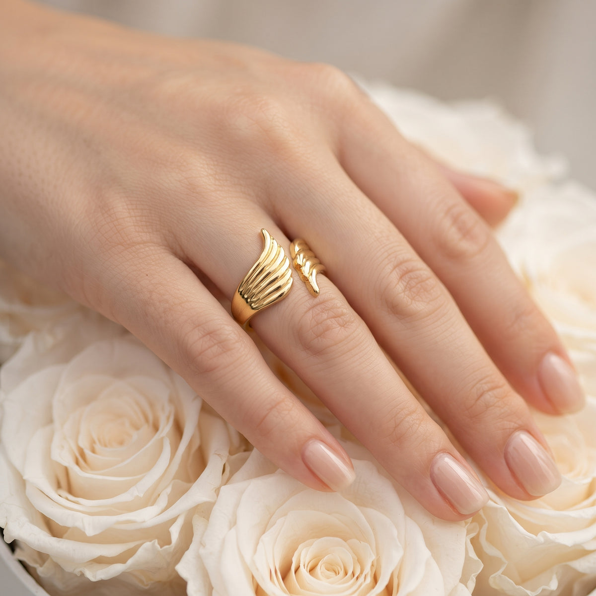 Celestial Angel Wings Open Adjustable Ring – 18K Gold Plated Feather Band