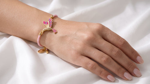 Chic Pink Enamel Hummingbird Zircon Slider Bracelet – 18K Gold Plated Adjustable