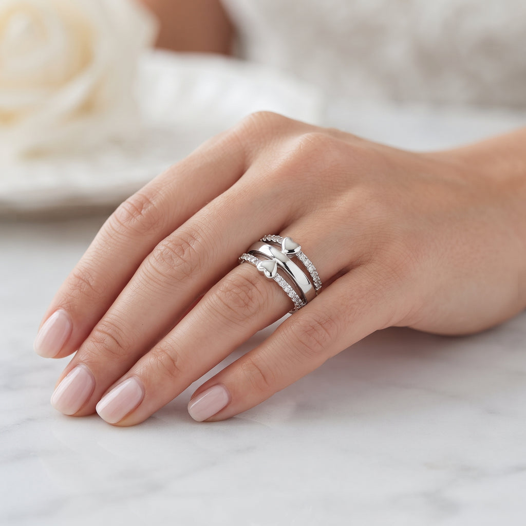 Silver-Plated Zircon Multi-Band Heart Accent Ring