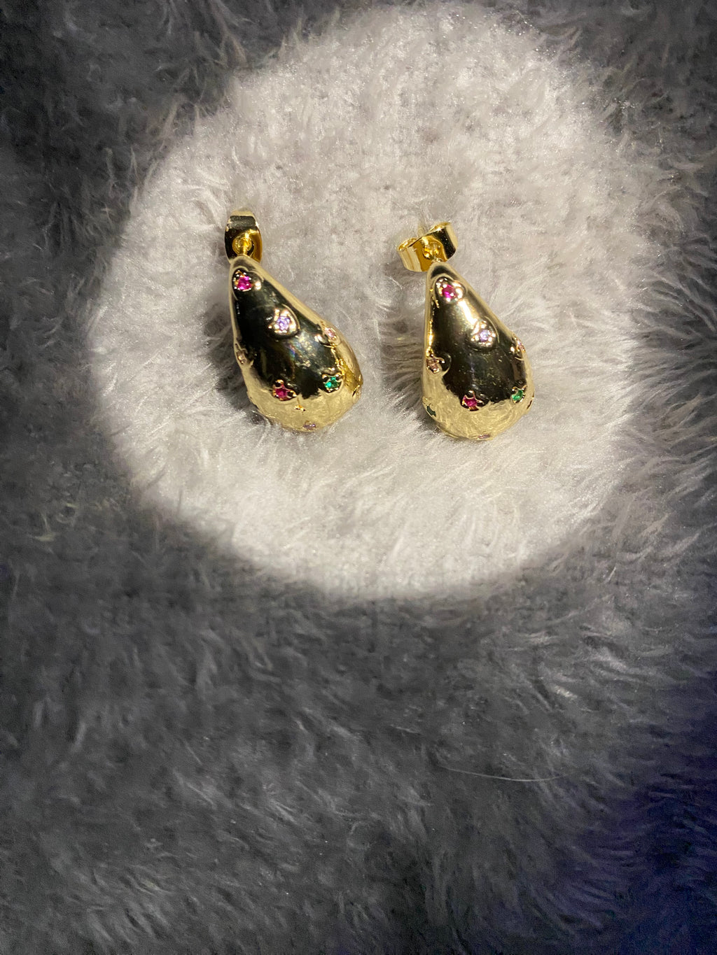 Multi-Color Gemstone Inlaid Puffed Teardrop Earrings – 18K Gold Plated Artistic Jewellery