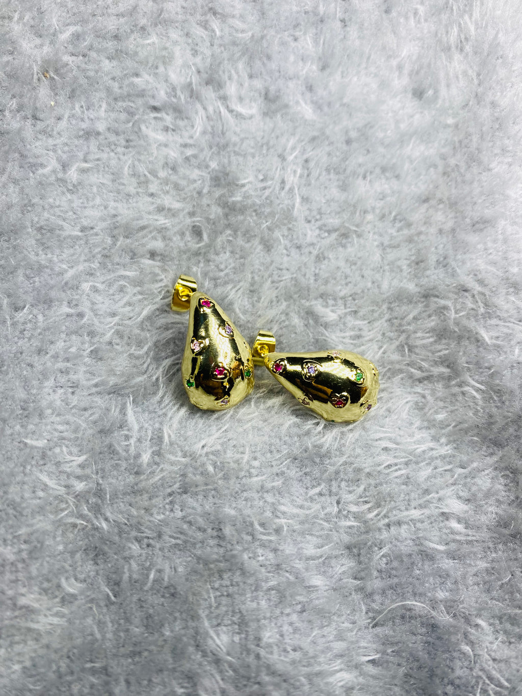 Multi-Color Gemstone Inlaid Puffed Teardrop Earrings – 18K Gold Plated Artistic Jewellery