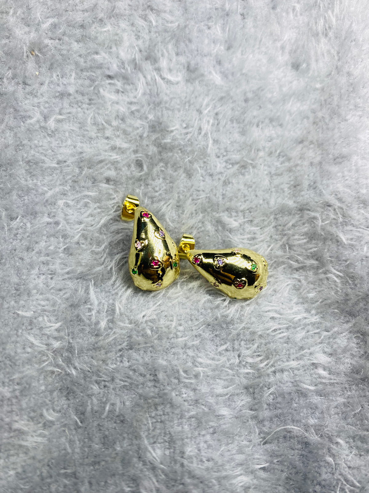 Multi-Color Gemstone Inlaid Puffed Teardrop Earrings – 18K Gold Plated Artistic Jewellery
