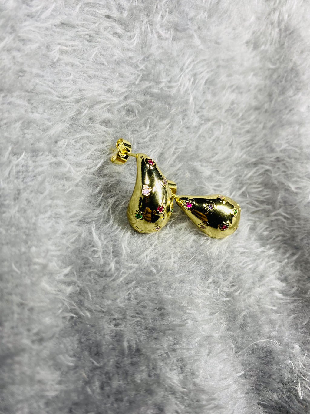 Multi-Color Gemstone Inlaid Puffed Teardrop Earrings – 18K Gold Plated Artistic Jewellery