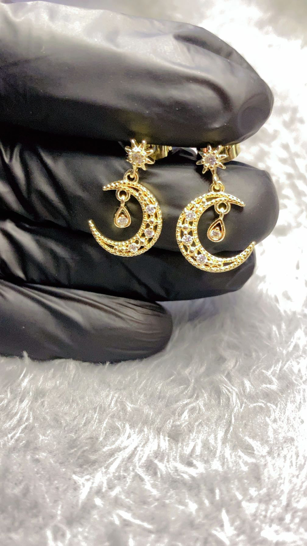 Celestial Star & Crescent Moon Pavé Dangle Earrings – 18K Gold Plated Drop Earrings