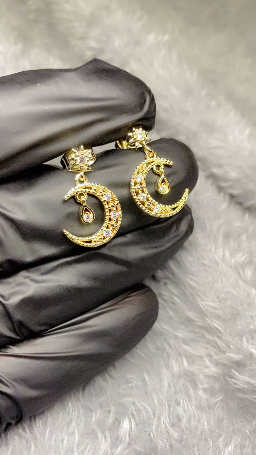 Celestial Star & Crescent Moon Pavé Dangle Earrings – 18K Gold Plated Drop Earrings