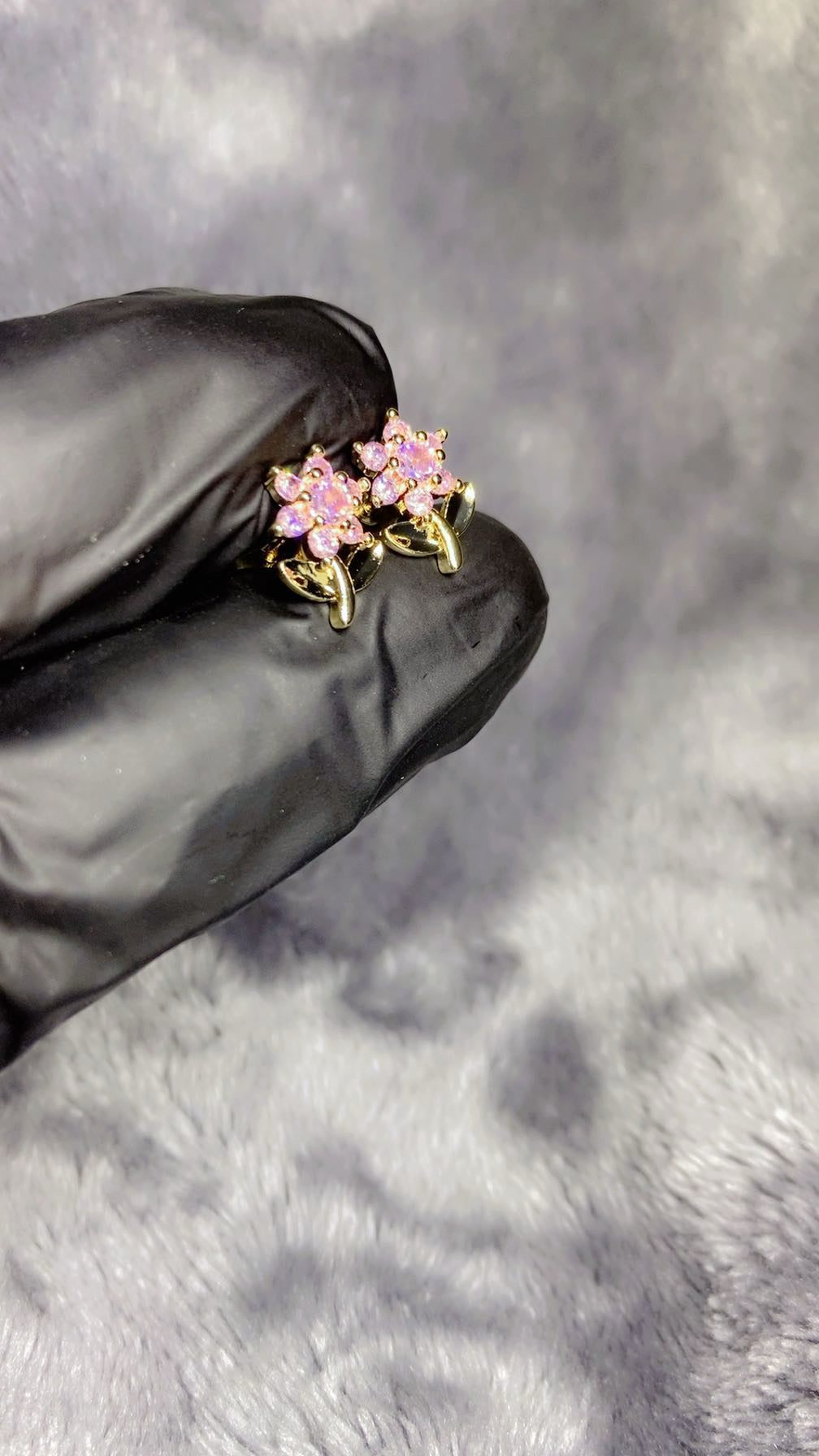 Dainty Pink Zircon Flower Stem Stud Earrings – 18K Gold Plated Botanical Ear Jewellery