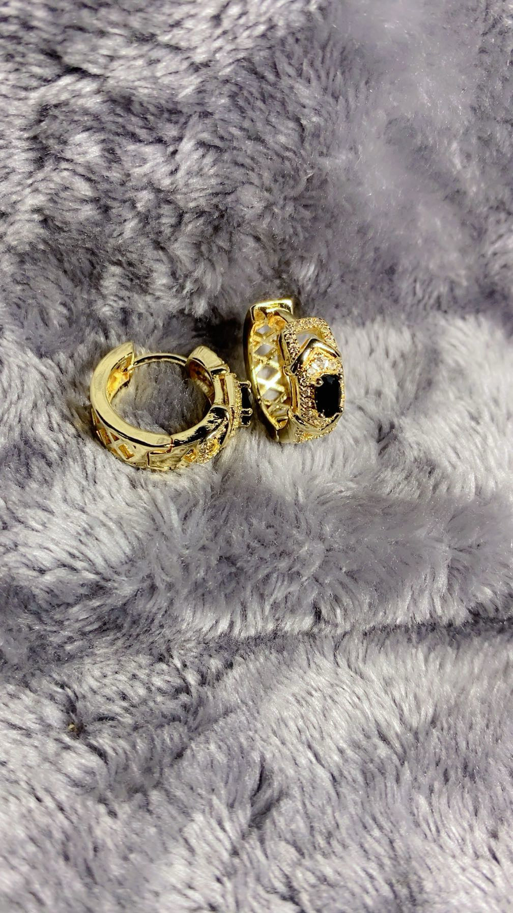 Gold-Plated Black Stone Crystal Huggie Earrings – Geometric Statement Hoops