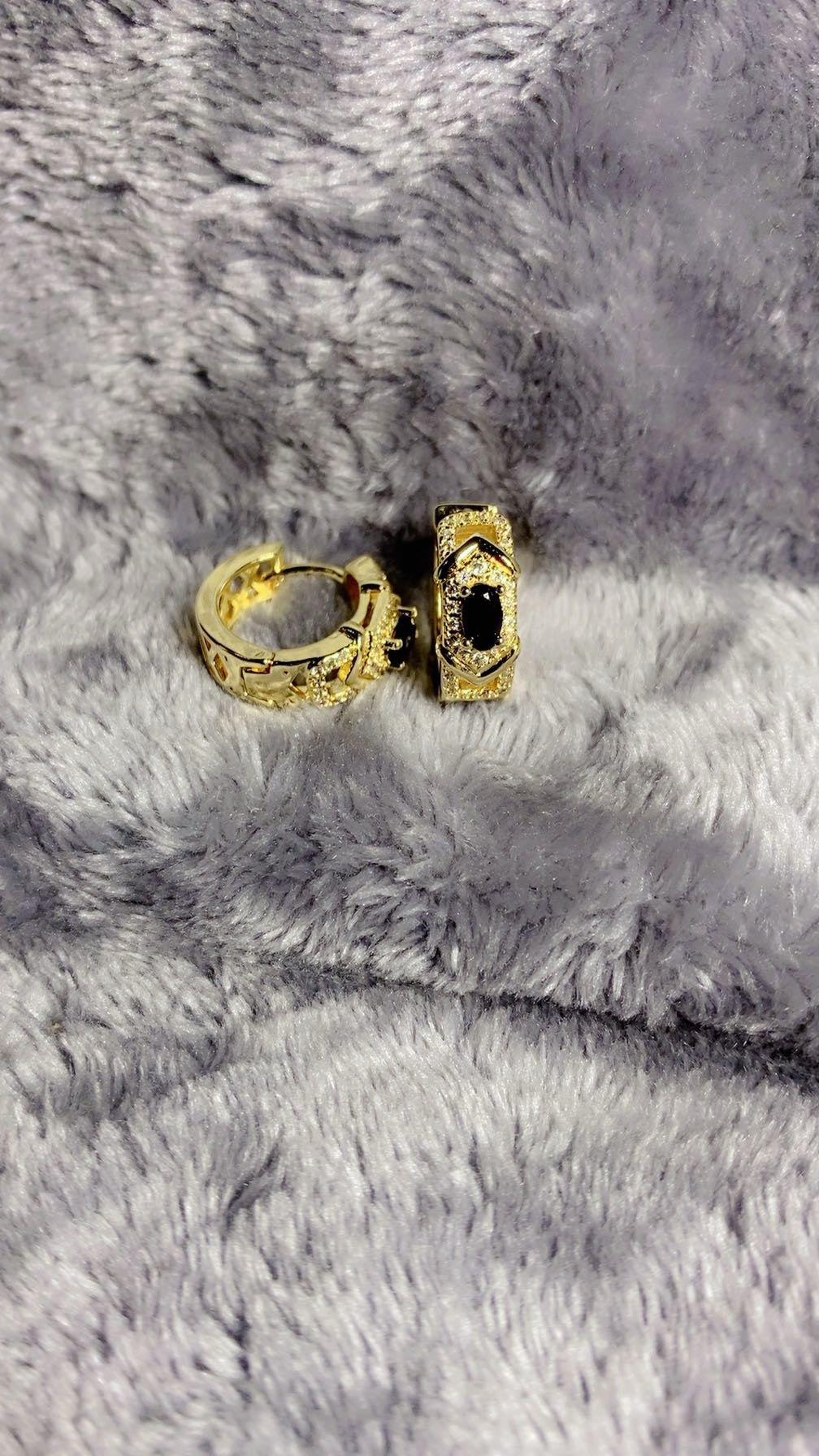 Gold-Plated Black Stone Crystal Huggie Earrings – Geometric Statement Hoops