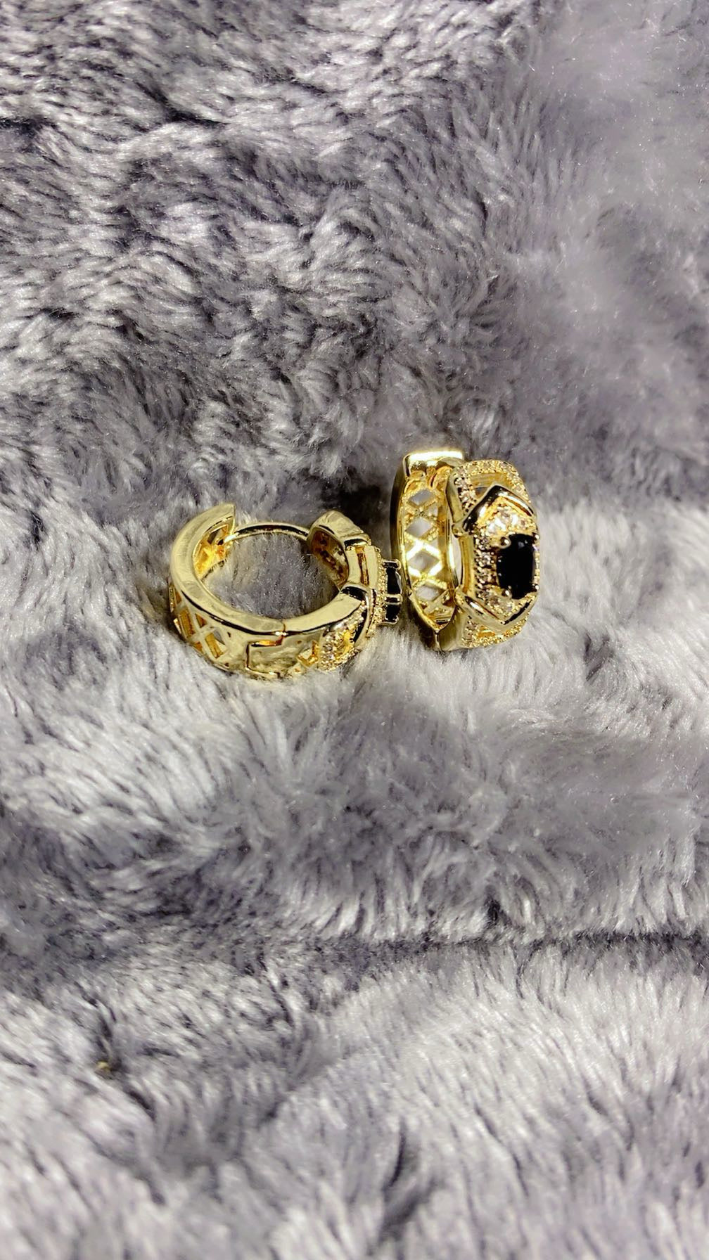 Gold-Plated Black Stone Crystal Huggie Earrings – Geometric Statement Hoops