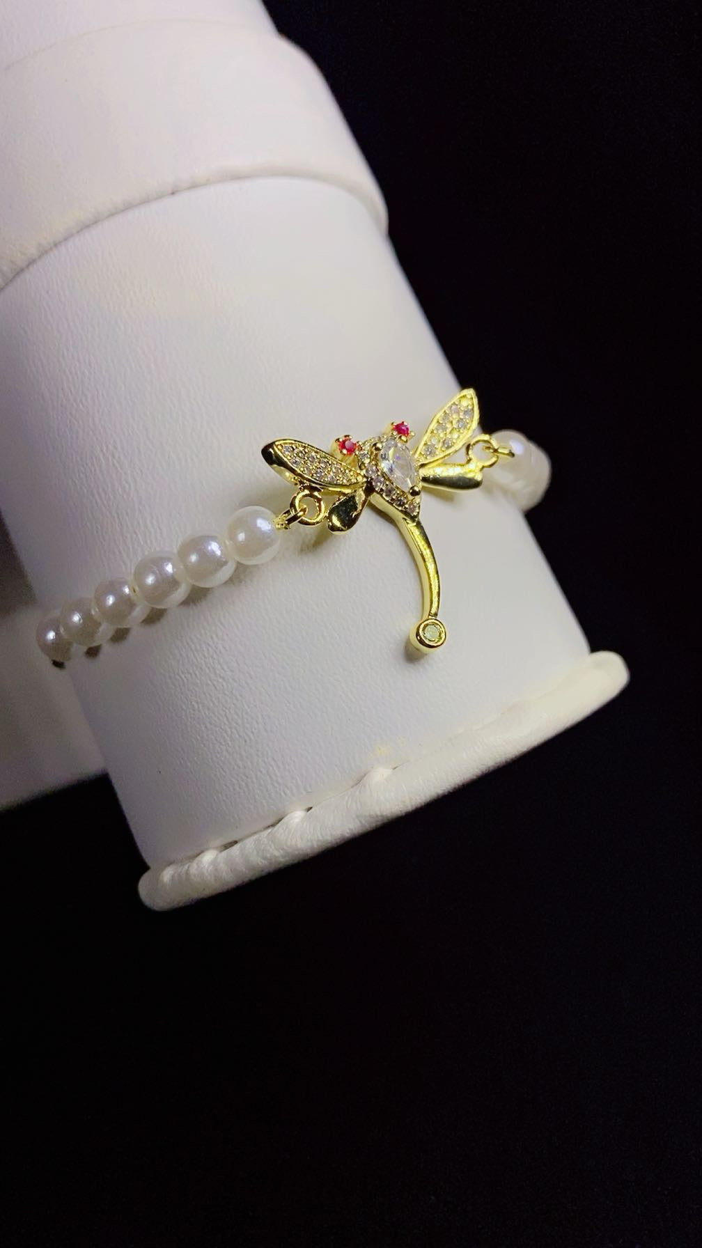 Gold-Plated White Pearl and Zircon Dragonfly Adjustable Slider Bracelet
