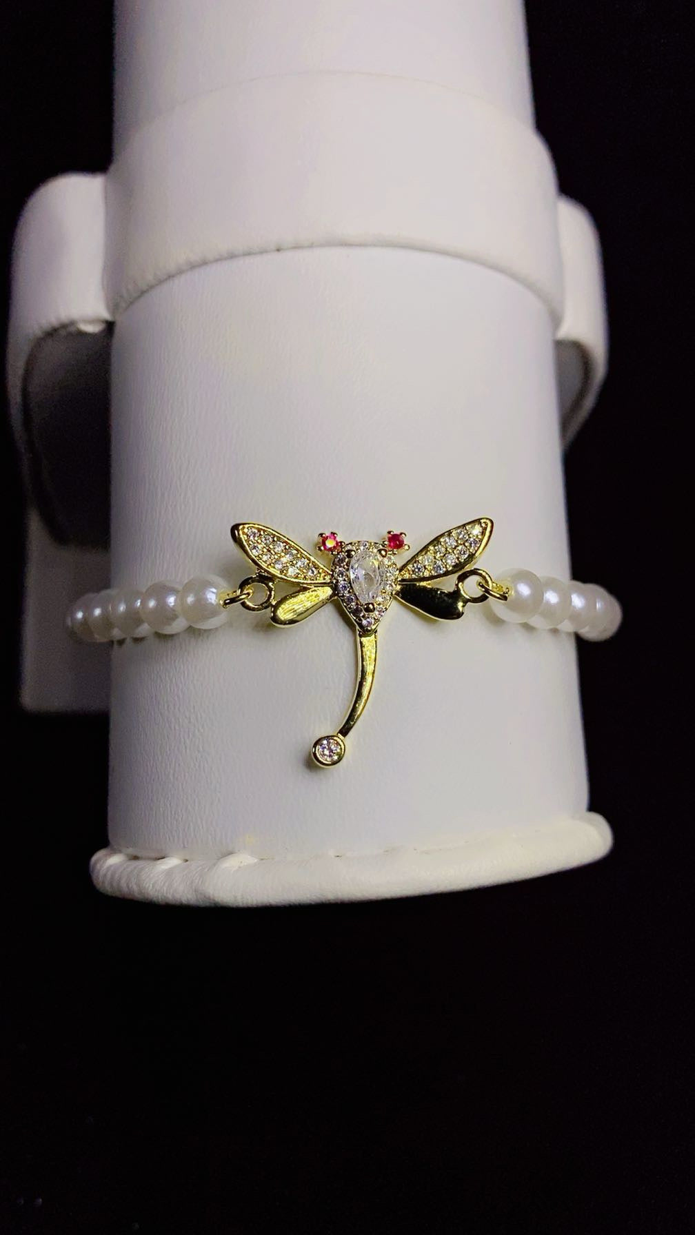 Gold-Plated White Pearl and Zircon Dragonfly Adjustable Slider Bracelet