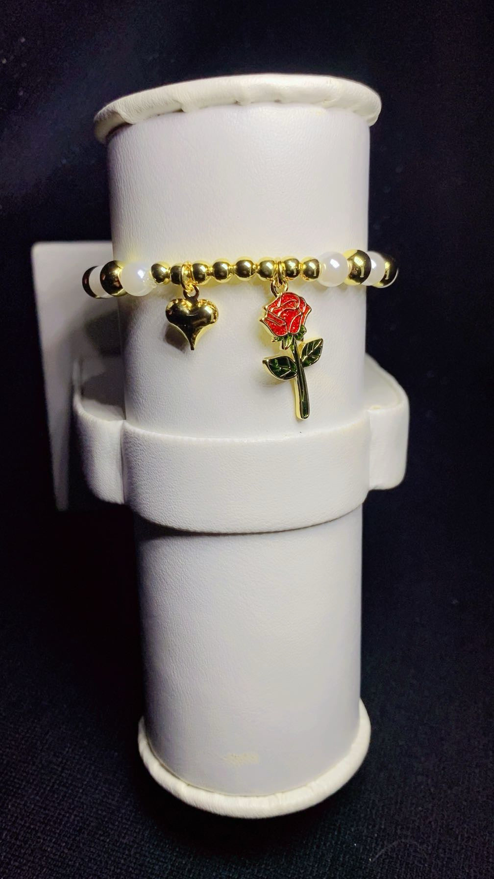 Gold-Plated White Pearl and Gold Bead Rose and Heart Charm Bracelet