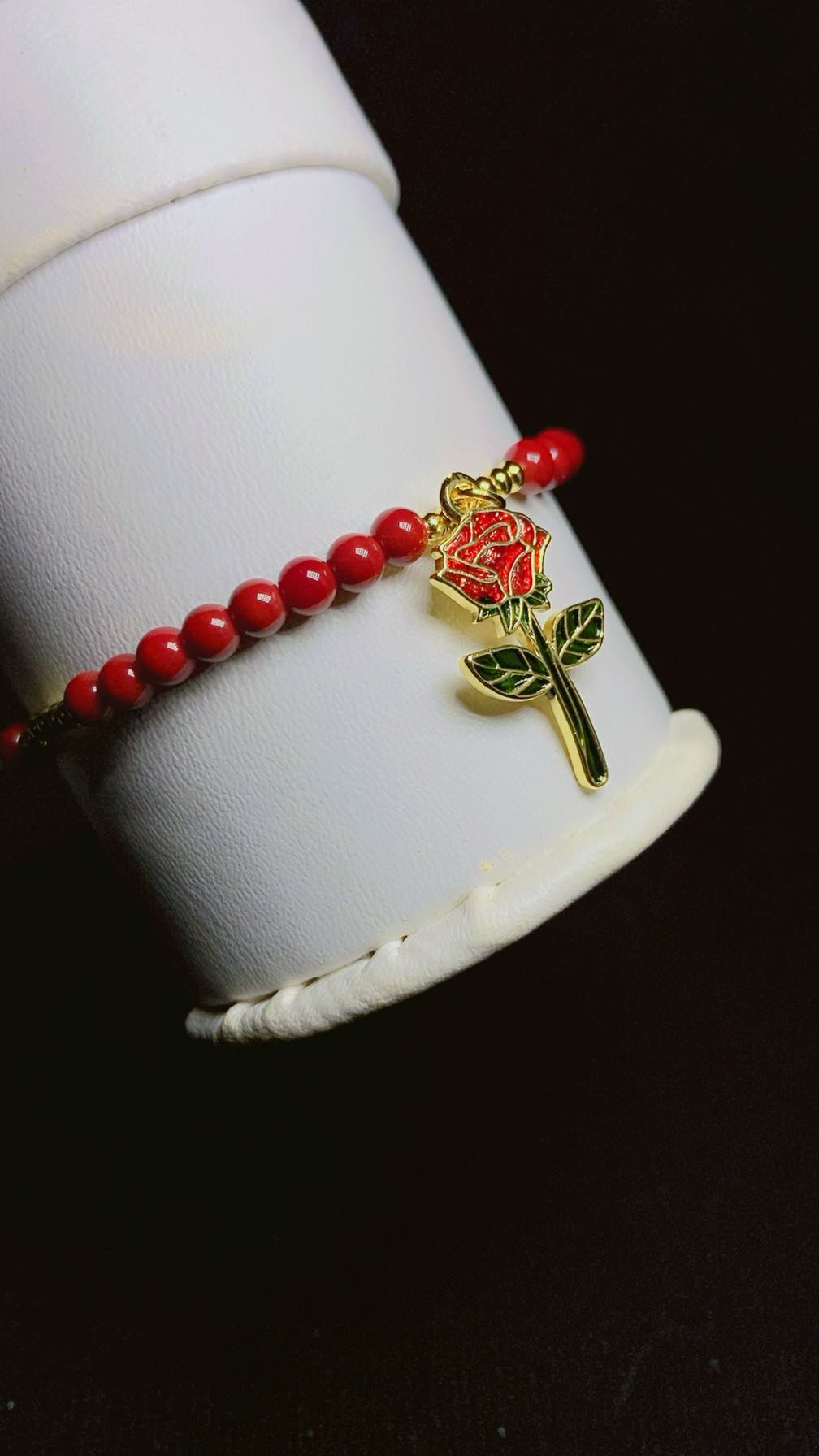 Gold-Plated Deep Red Pearl and Gold Bead Rose Charm Bracelet