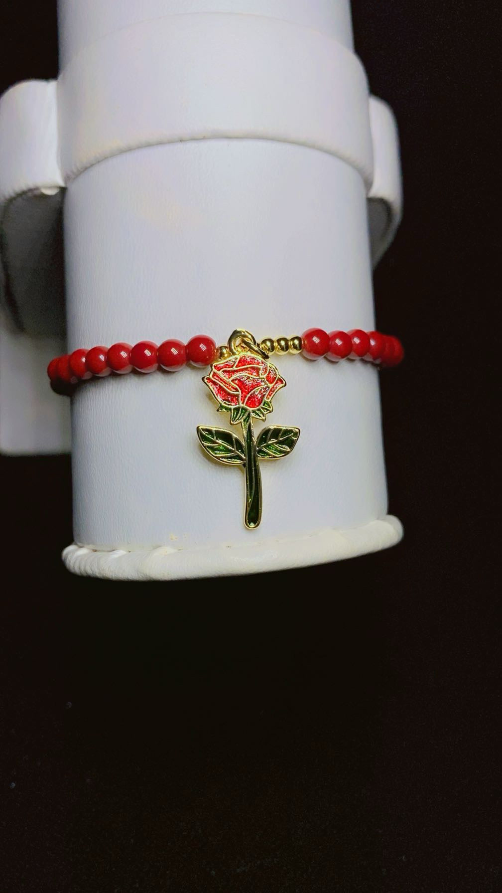 Gold-Plated Deep Red Pearl and Gold Bead Rose Charm Bracelet