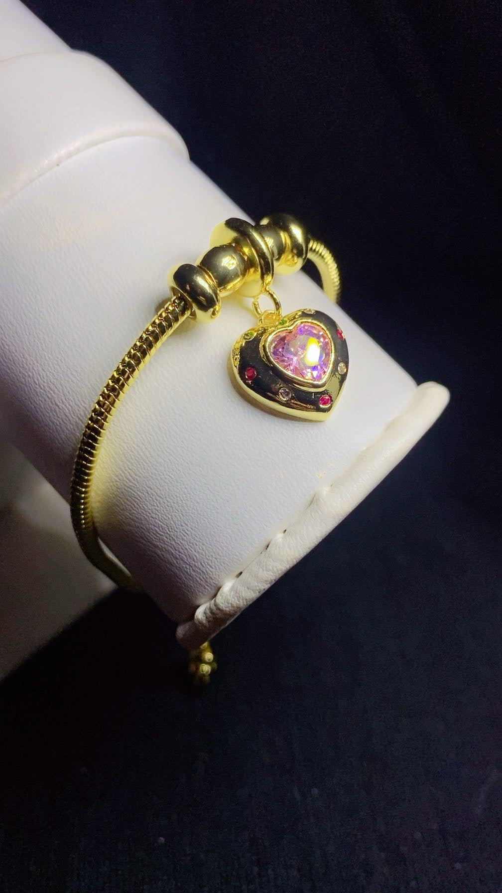 Pink Crystal Heart Charm Snake Chain Bracelet – 18K Gold Plated Romantic Jewellery for Women