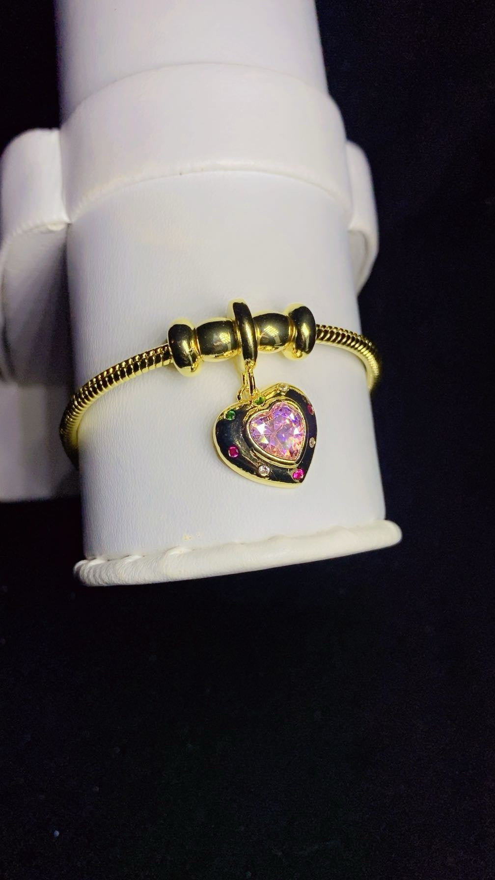 Pink Crystal Heart Charm Snake Chain Bracelet – 18K Gold Plated Romantic Jewellery for Women