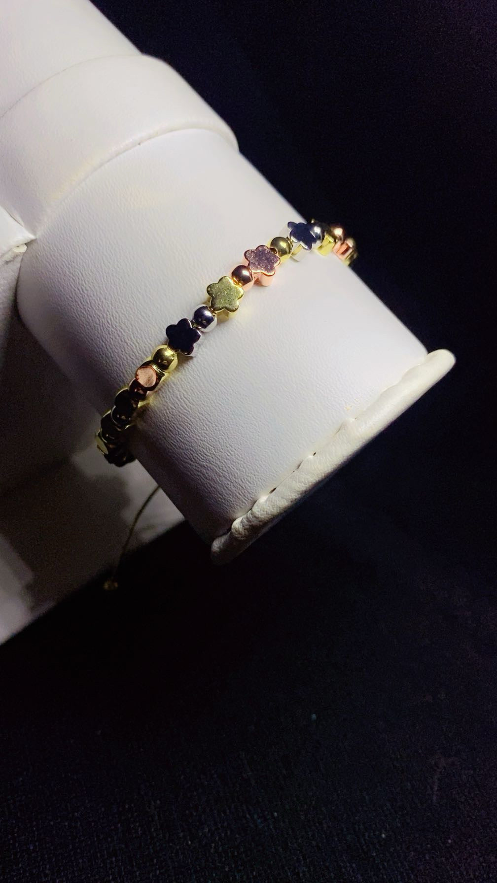 Tri-Color Zircon Flower and Bead Adjustable Slider Bracelet