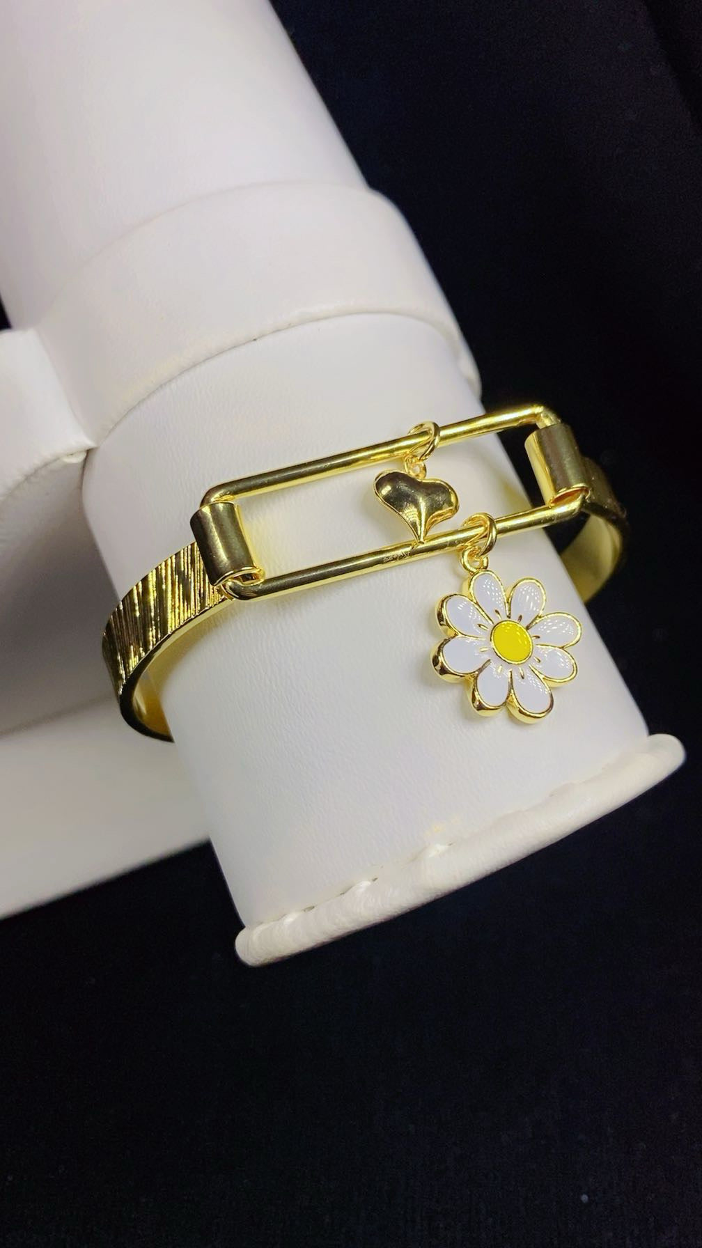 Gold-Plated Enamel Smiley Flower and Heart Charm Bangle Bracelet