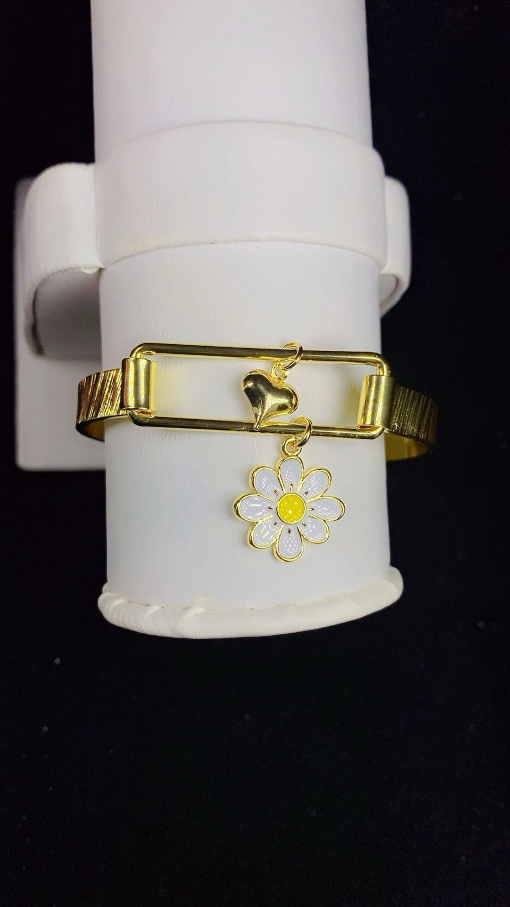 Gold-Plated Enamel Smiley Flower and Heart Charm Bangle Bracelet