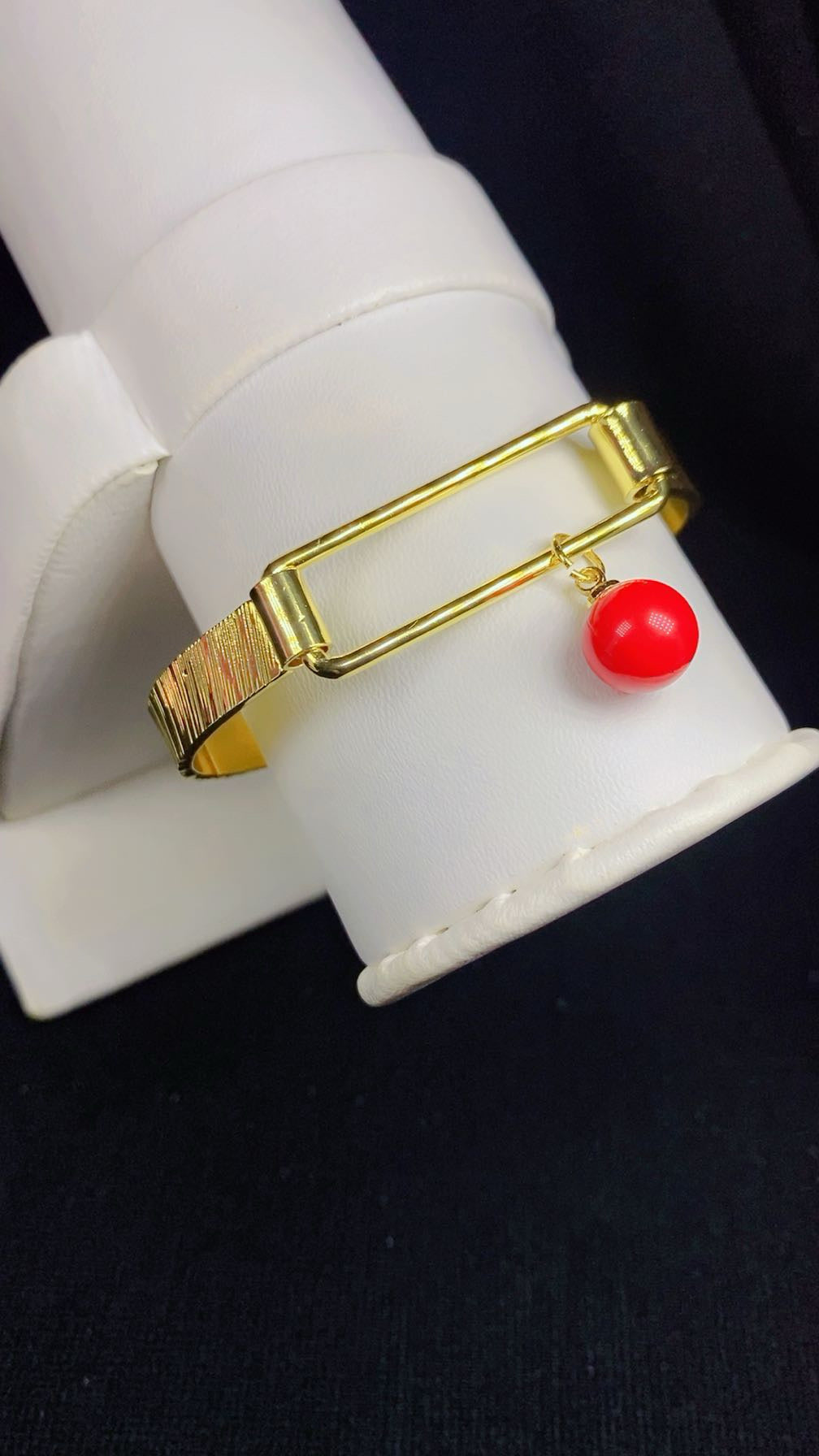 Gold-Plated Bright Red Enamel Ball Charm Bangle Bracelet