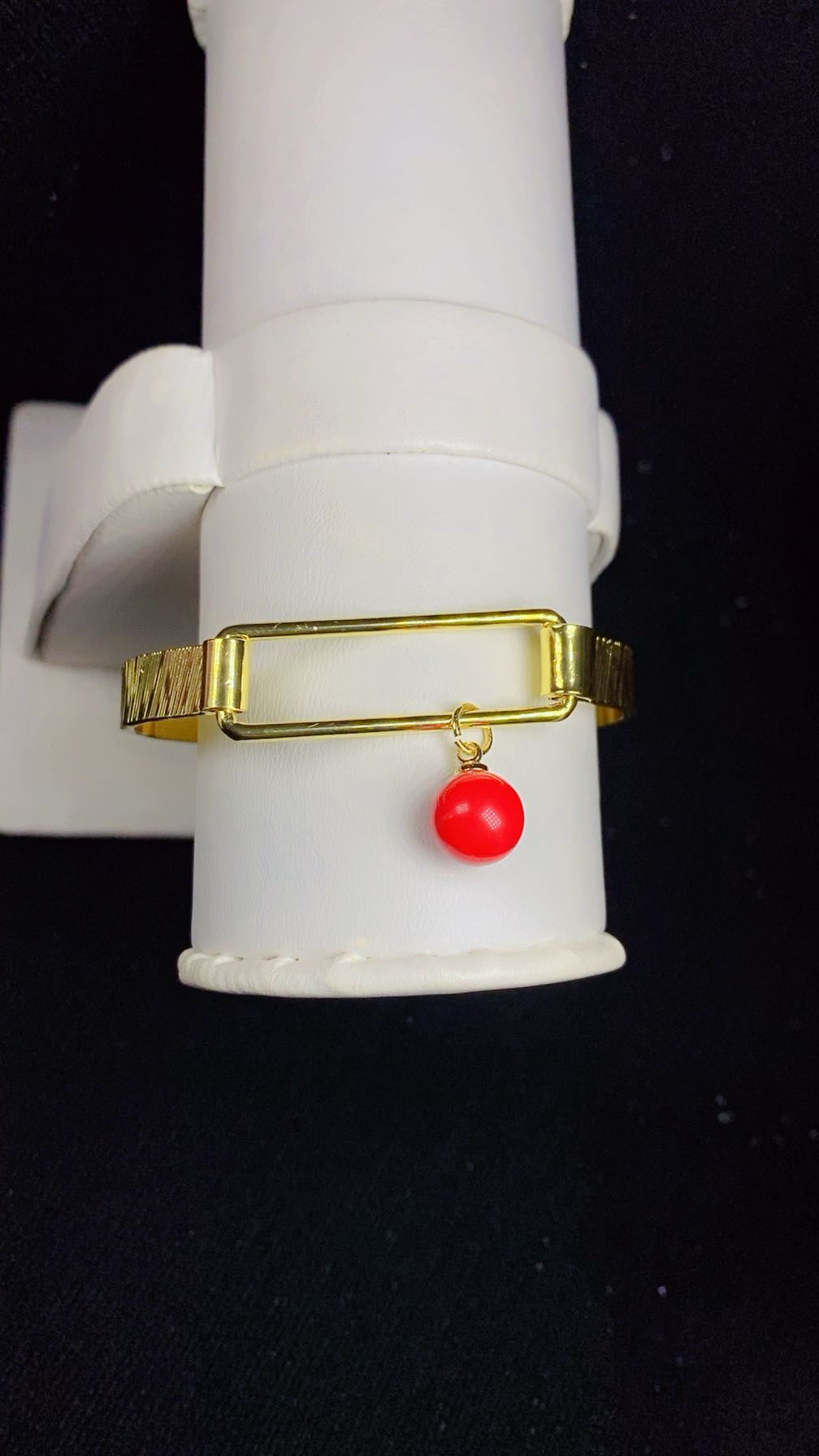 Gold-Plated Bright Red Enamel Ball Charm Bangle Bracelet