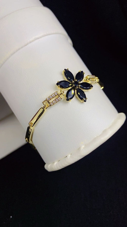 Bold Black Crystal Flower Statement Bracelet – 18K Gold Plated Link Chain