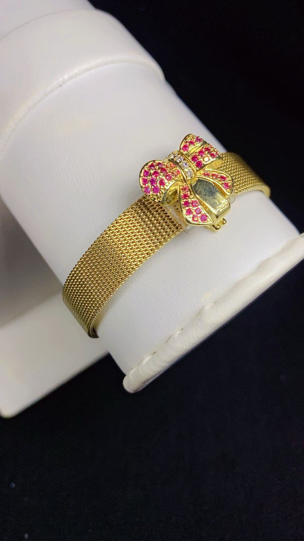 Ruby Zircon Bow Mesh Cuff Bracelet – 18K Gold Plated Statement Wristwear for Women