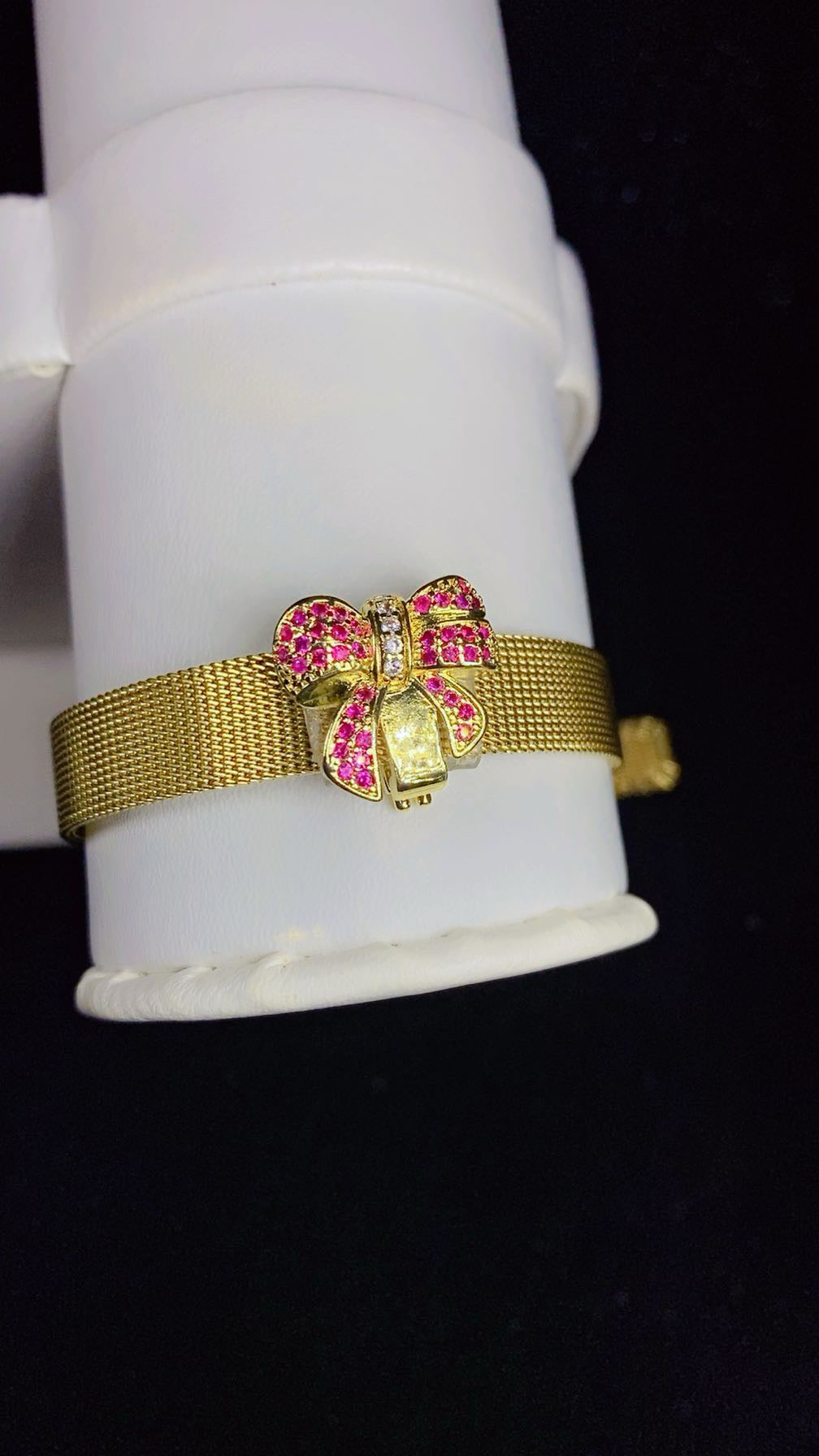 Ruby Zircon Bow Mesh Cuff Bracelet – 18K Gold Plated Statement Wristwear for Women