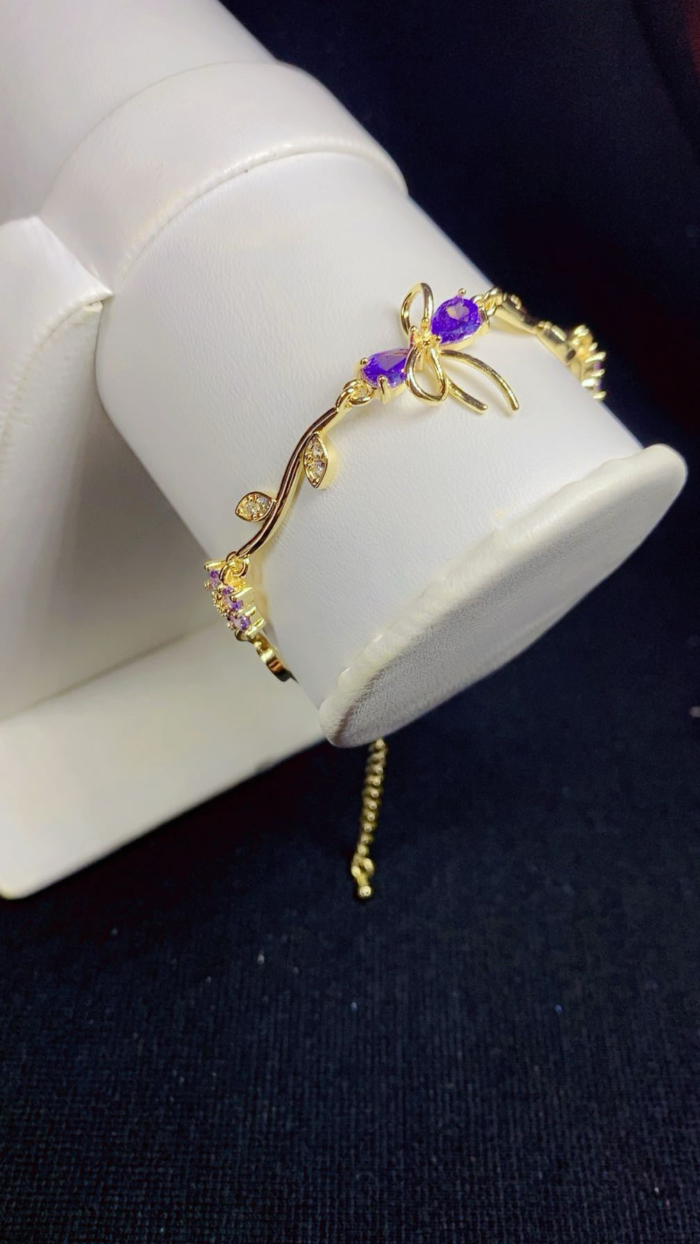 Elegant Purple Zircon Floral Vine & Bow Bracelet – 18K Gold Plated Adjustable Wrist Jewellery