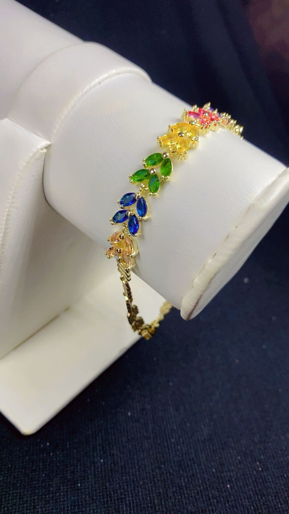 Multi-Color Rainbow Marquise Zircon Leaf Bracelet – 18K Gold Plated Statement Wristwear