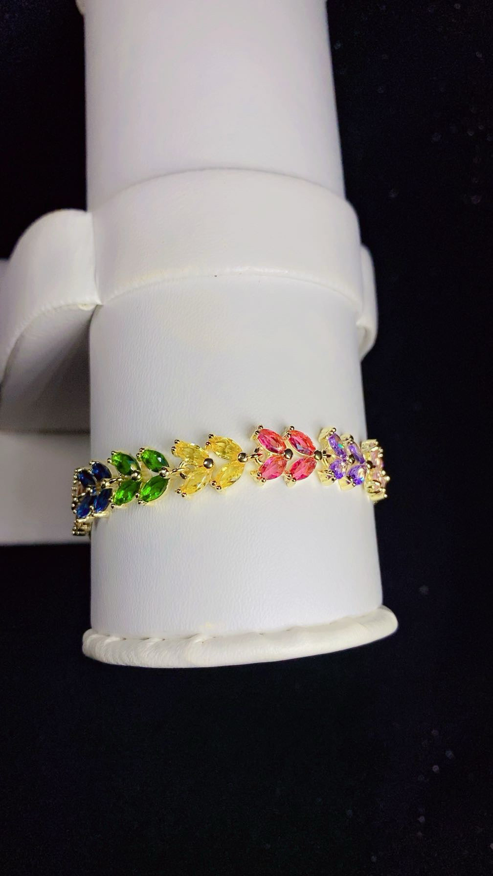 Multi-Color Rainbow Marquise Zircon Leaf Bracelet – 18K Gold Plated Statement Wristwear