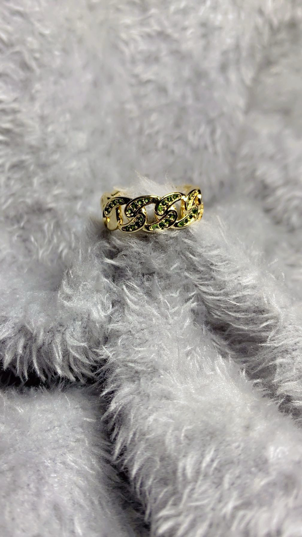 Emerald Green Zircon Cuban Link Chain Open Ring – 18K Gold Plated