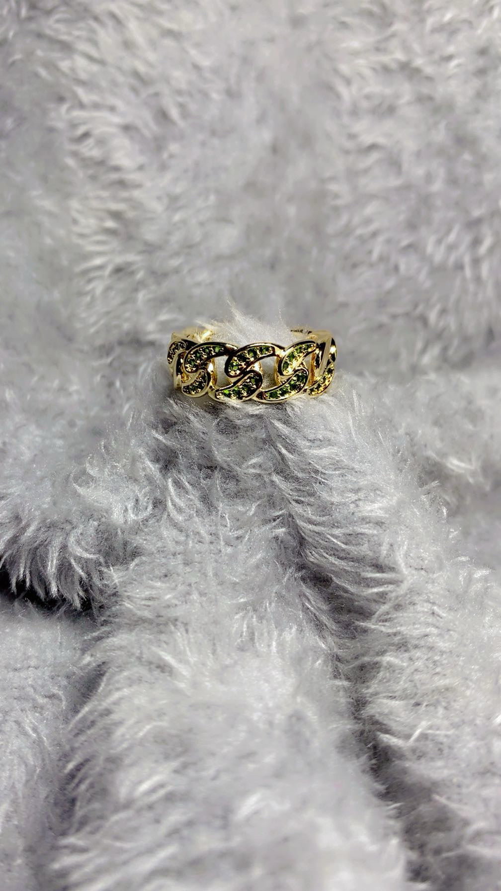 Emerald Green Zircon Cuban Link Chain Open Ring – 18K Gold Plated
