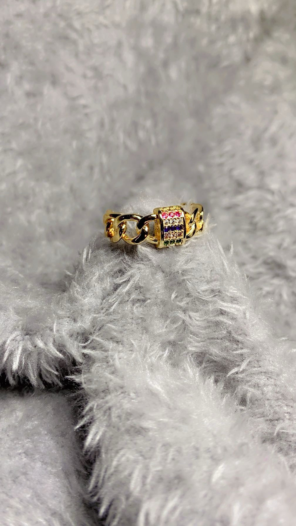 Multi-Color Zircon Lock & Cuban Link Chain Open Ring – 18K Gold Plated