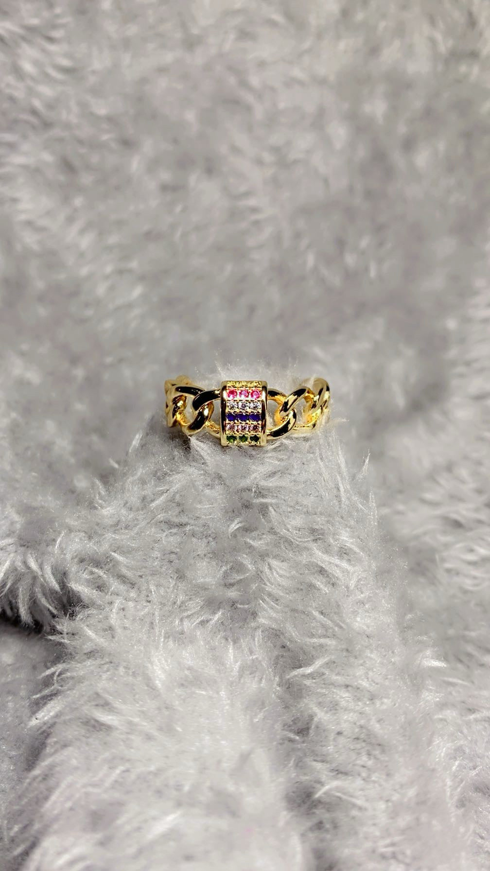 Multi-Color Zircon Lock & Cuban Link Chain Open Ring – 18K Gold Plated