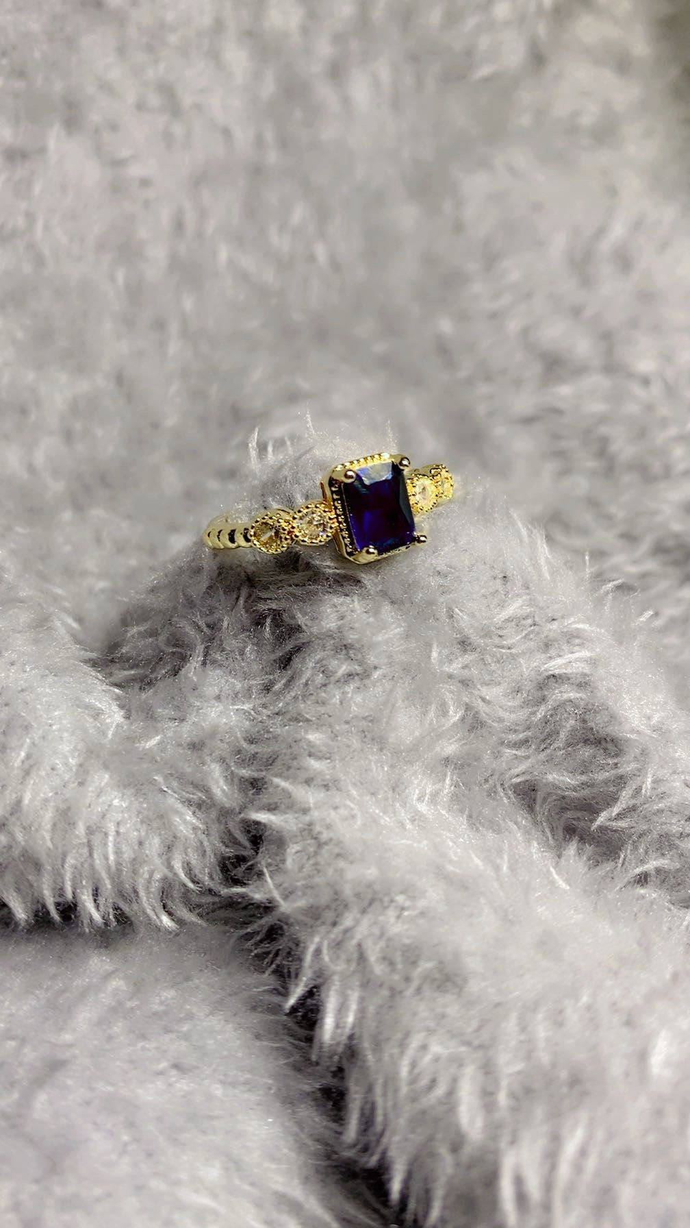 Gold-Plated Emerald-Cut Blue Zircon Crystal Statement Ring