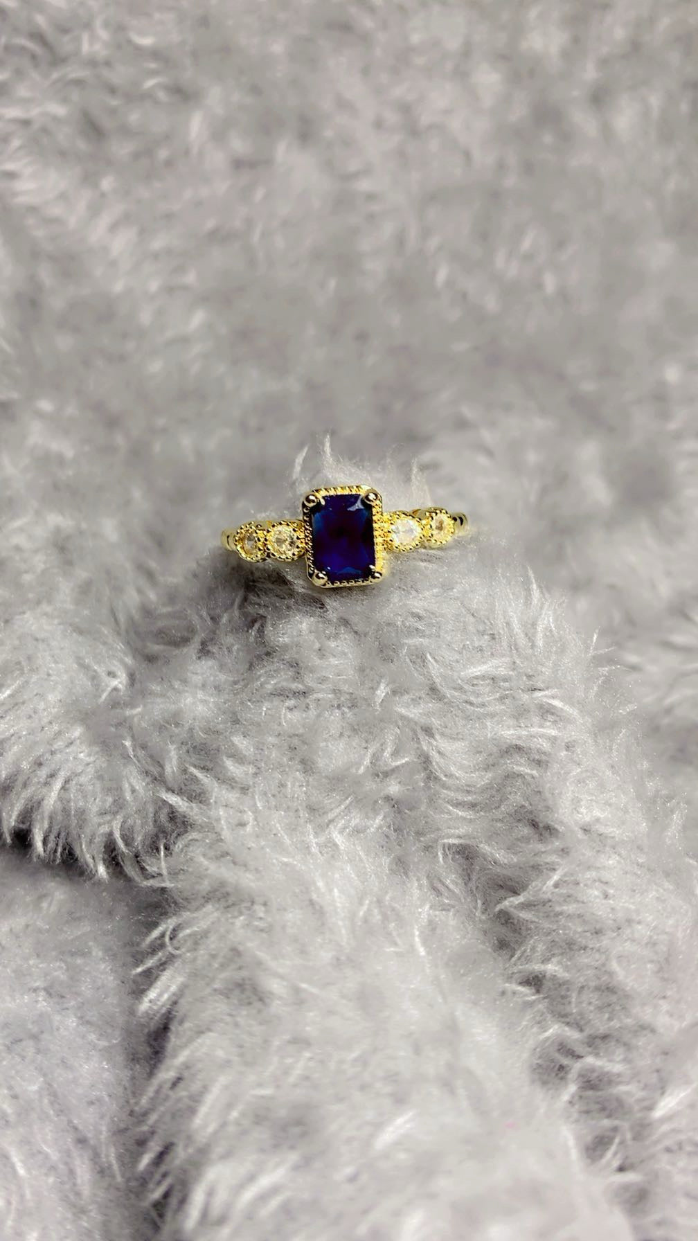 Gold-Plated Emerald-Cut Blue Zircon Crystal Statement Ring
