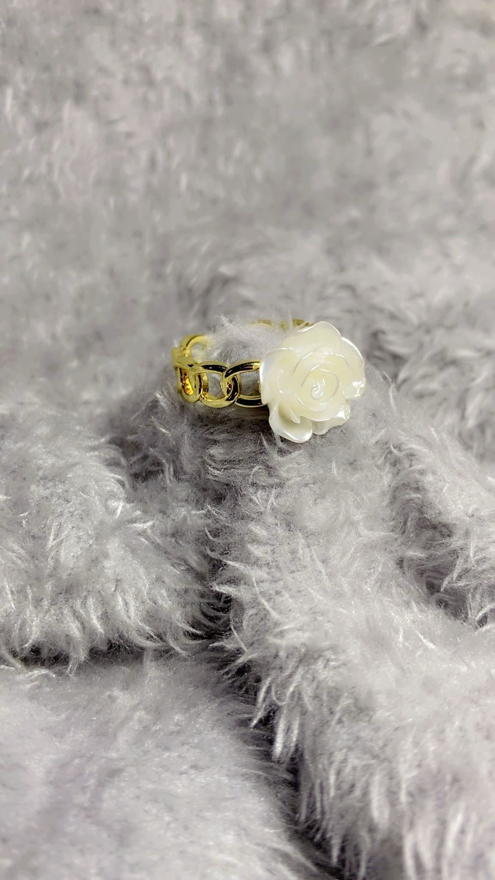 Gold-Plated White Rose Chain Ring – Adjustable Floral Statement Band