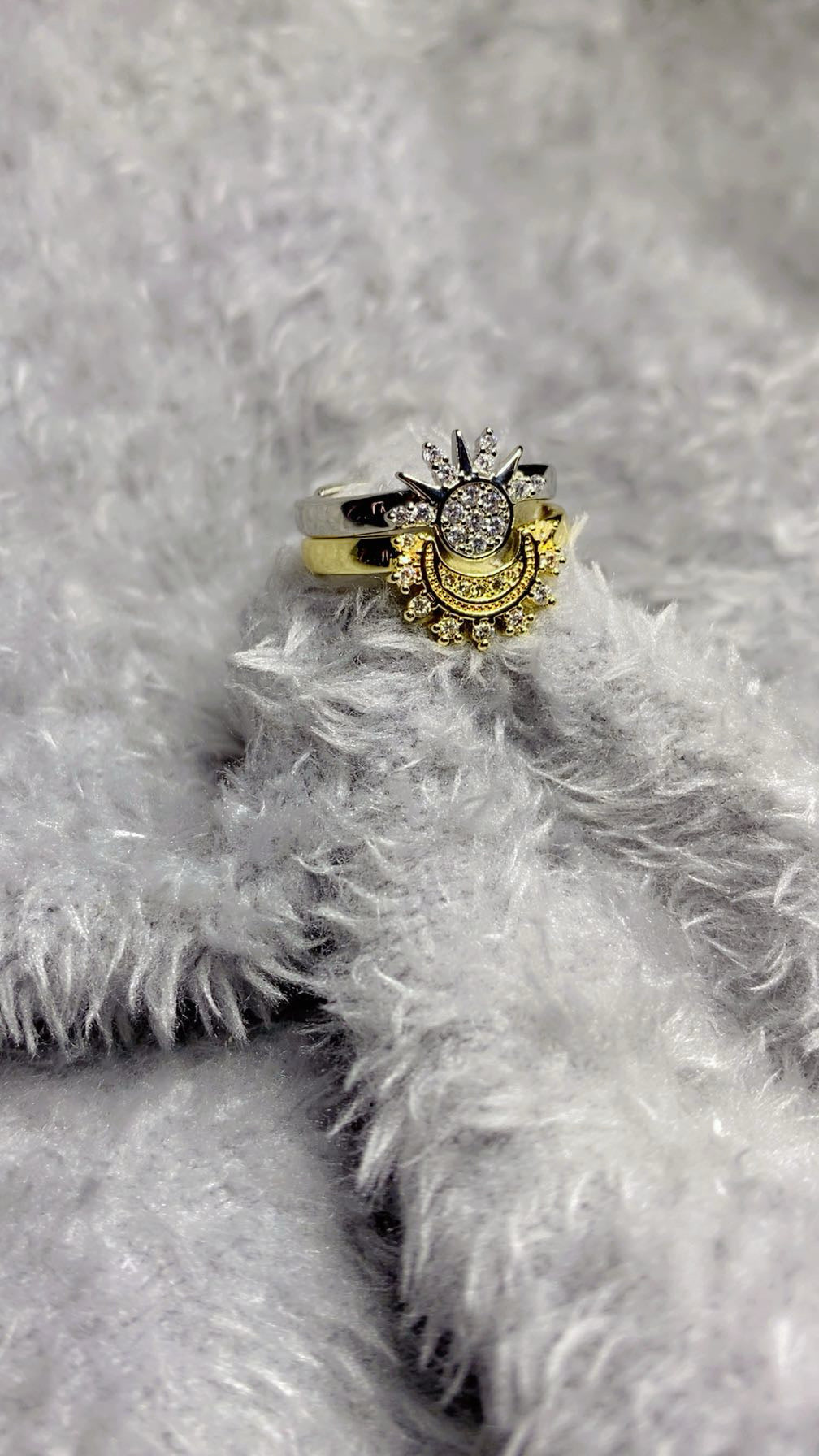 Two-Tone Celestial Sun and Moon Ring – Adjustable Stacking Band