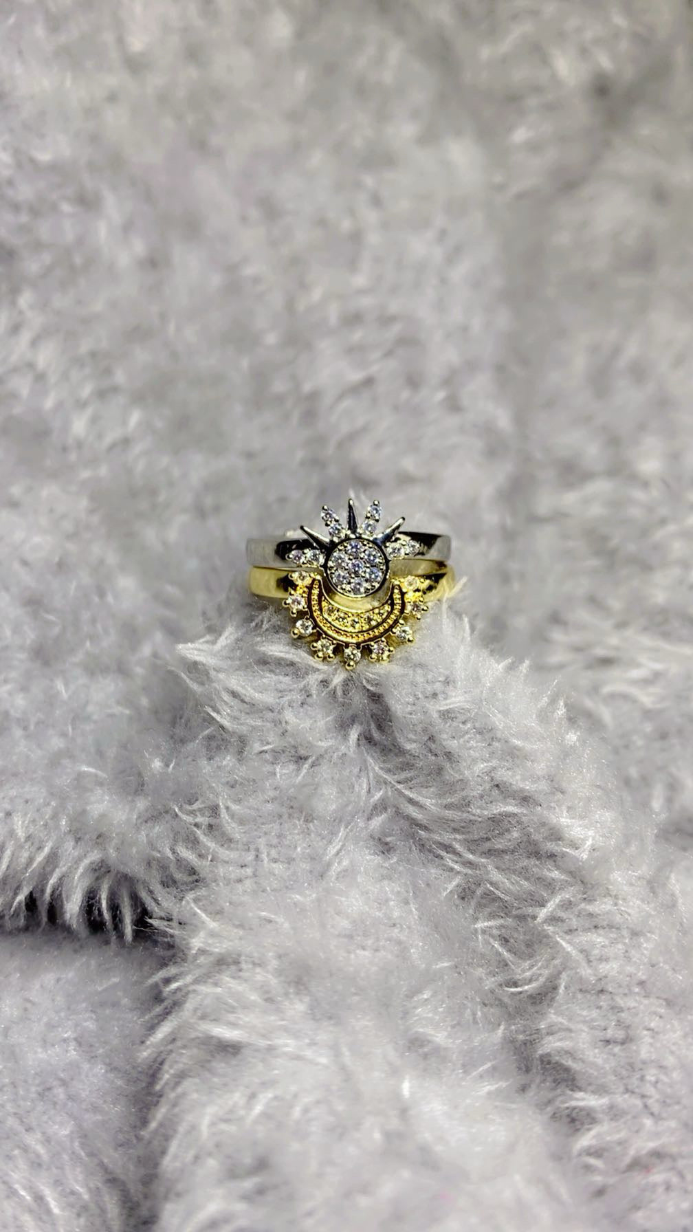 Two-Tone Celestial Sun and Moon Ring – Adjustable Stacking Band
