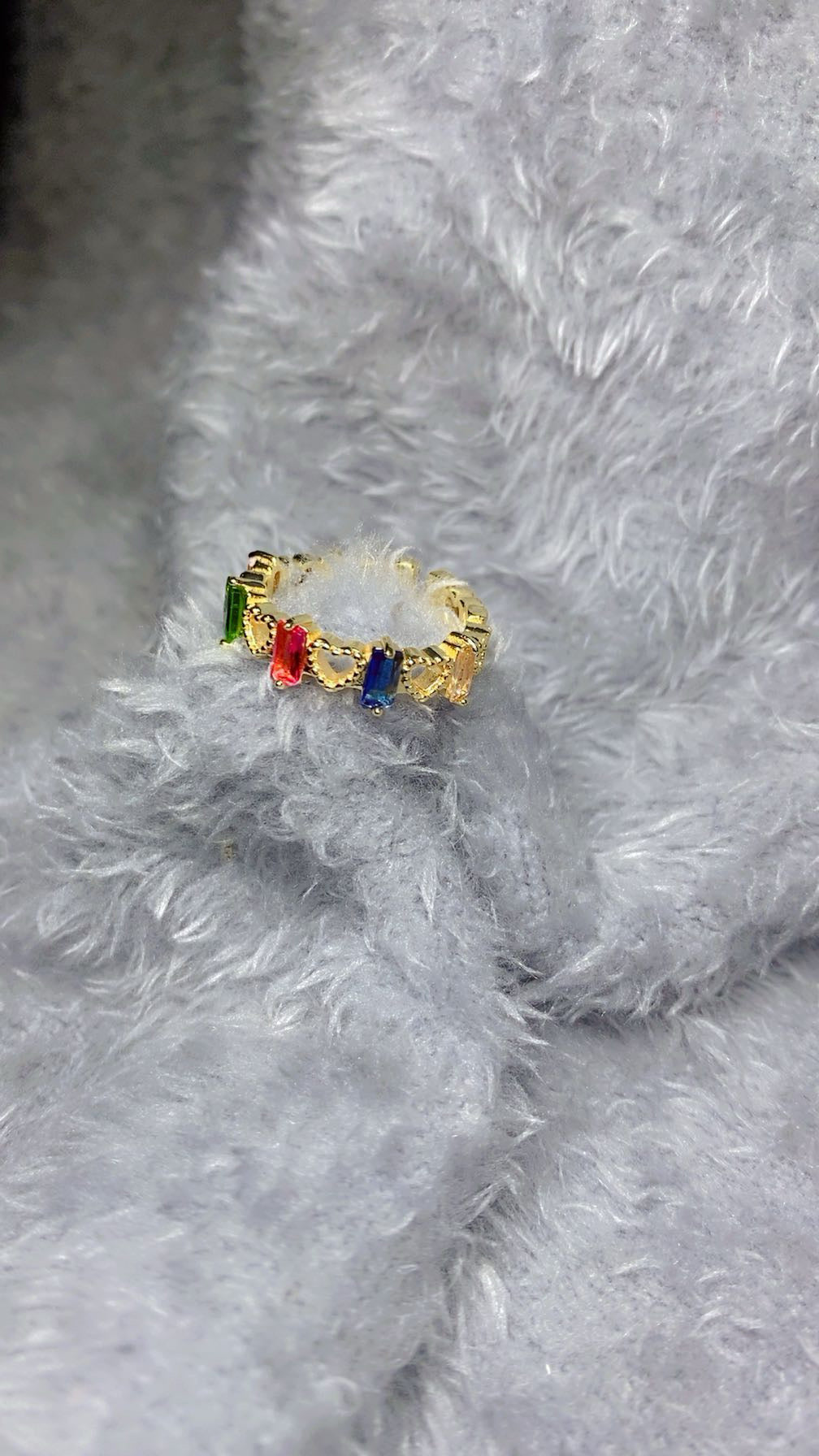 Multi-Color Baguette Crystal & Open Heart Band Ring – 18K Gold Plated Statement Ring