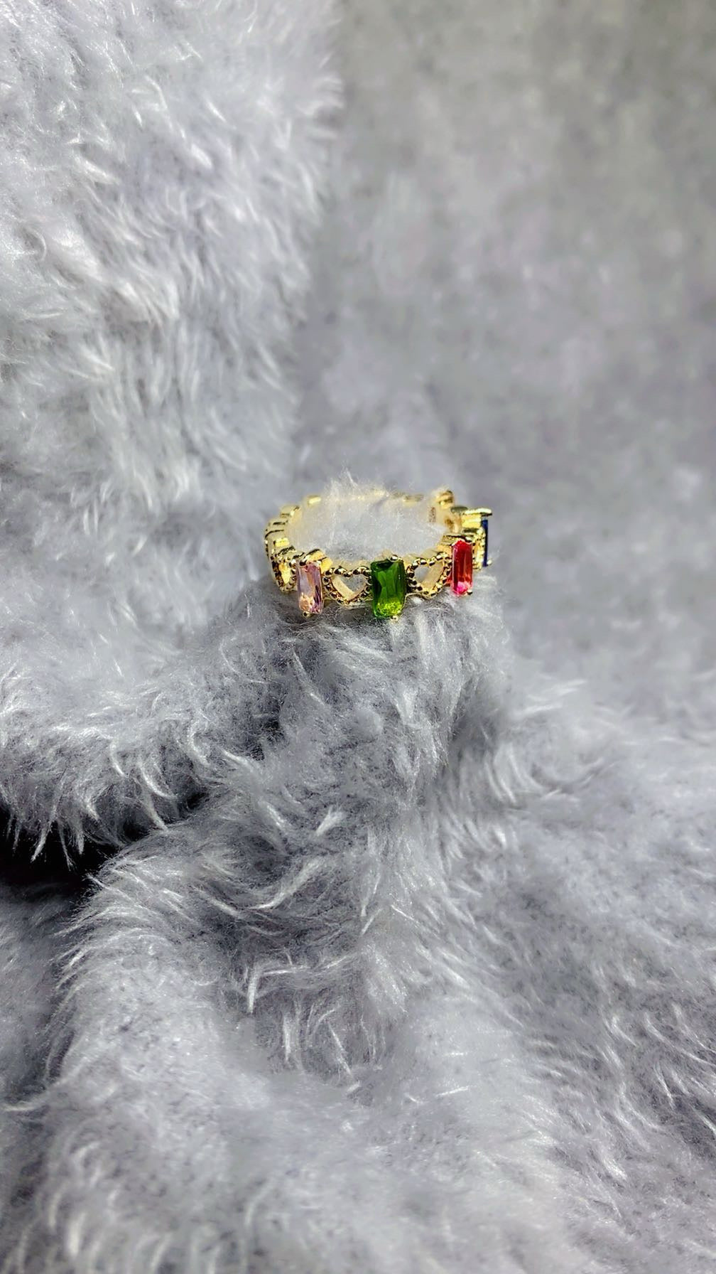 Multi-Color Baguette Crystal & Open Heart Band Ring – 18K Gold Plated Statement Ring