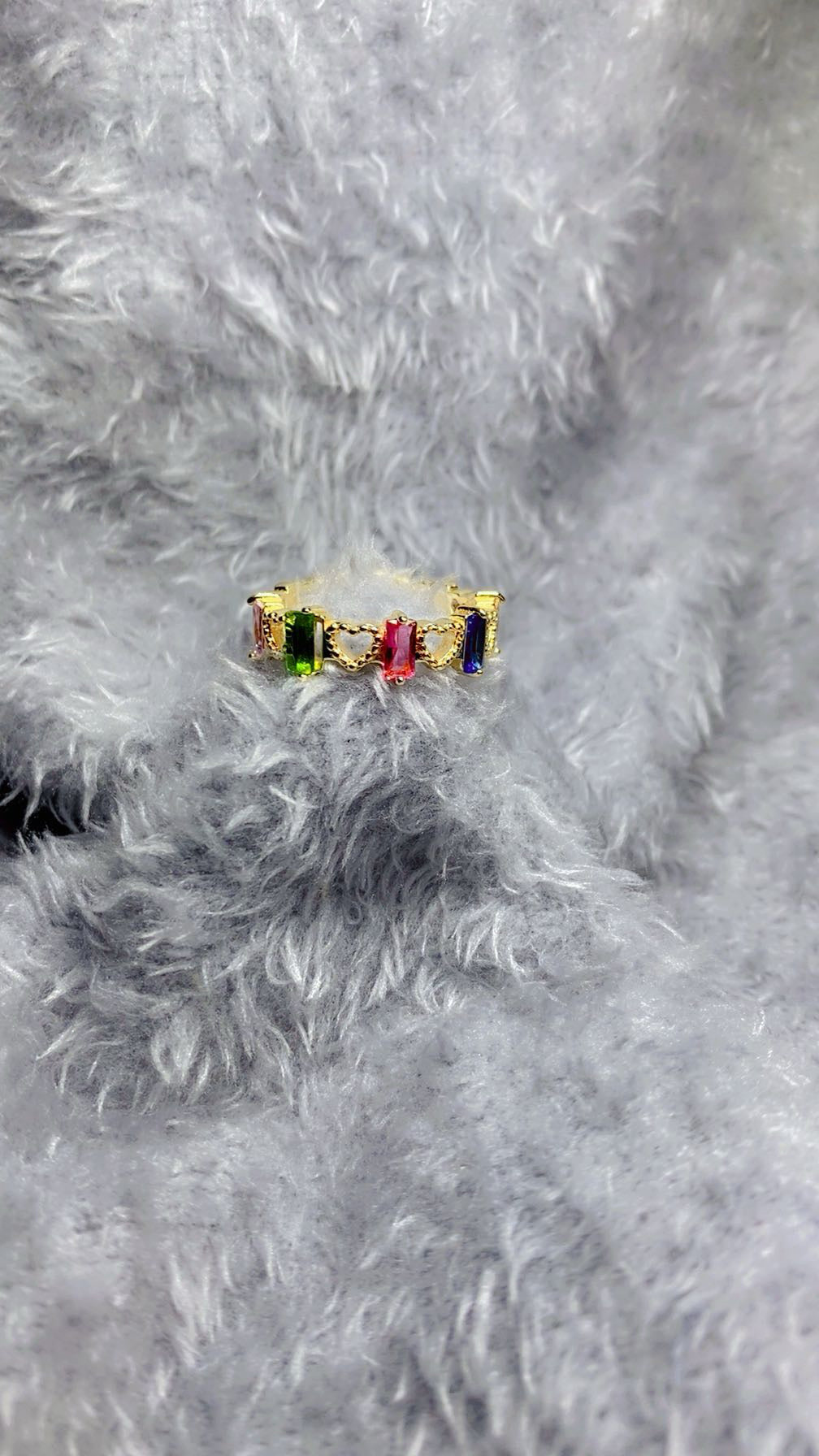 Multi-Color Baguette Crystal & Open Heart Band Ring – 18K Gold Plated Statement Ring