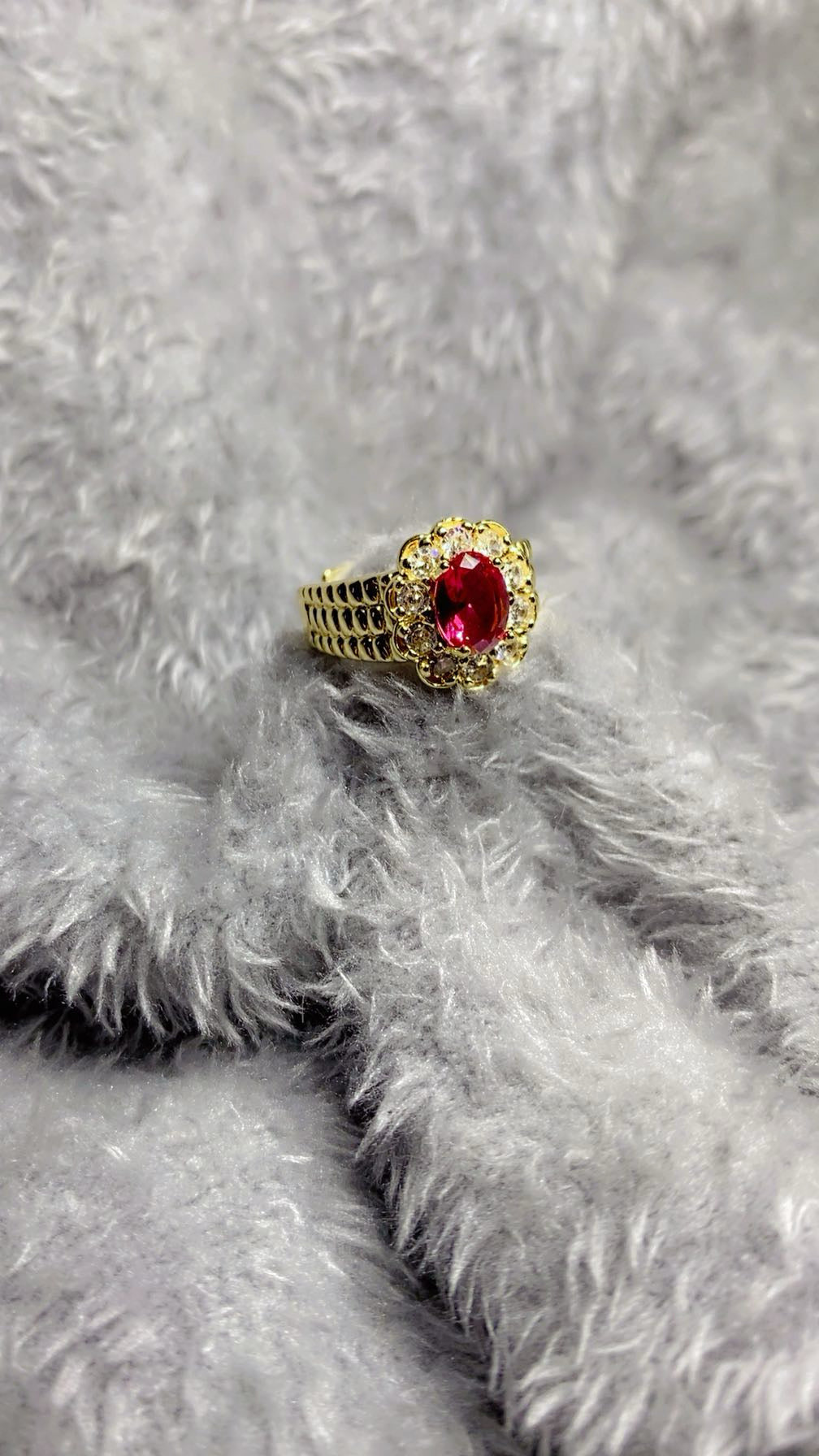 Royal Ruby Red Zircon Cluster Statement Ring – 18K Gold Plated Halo Ring