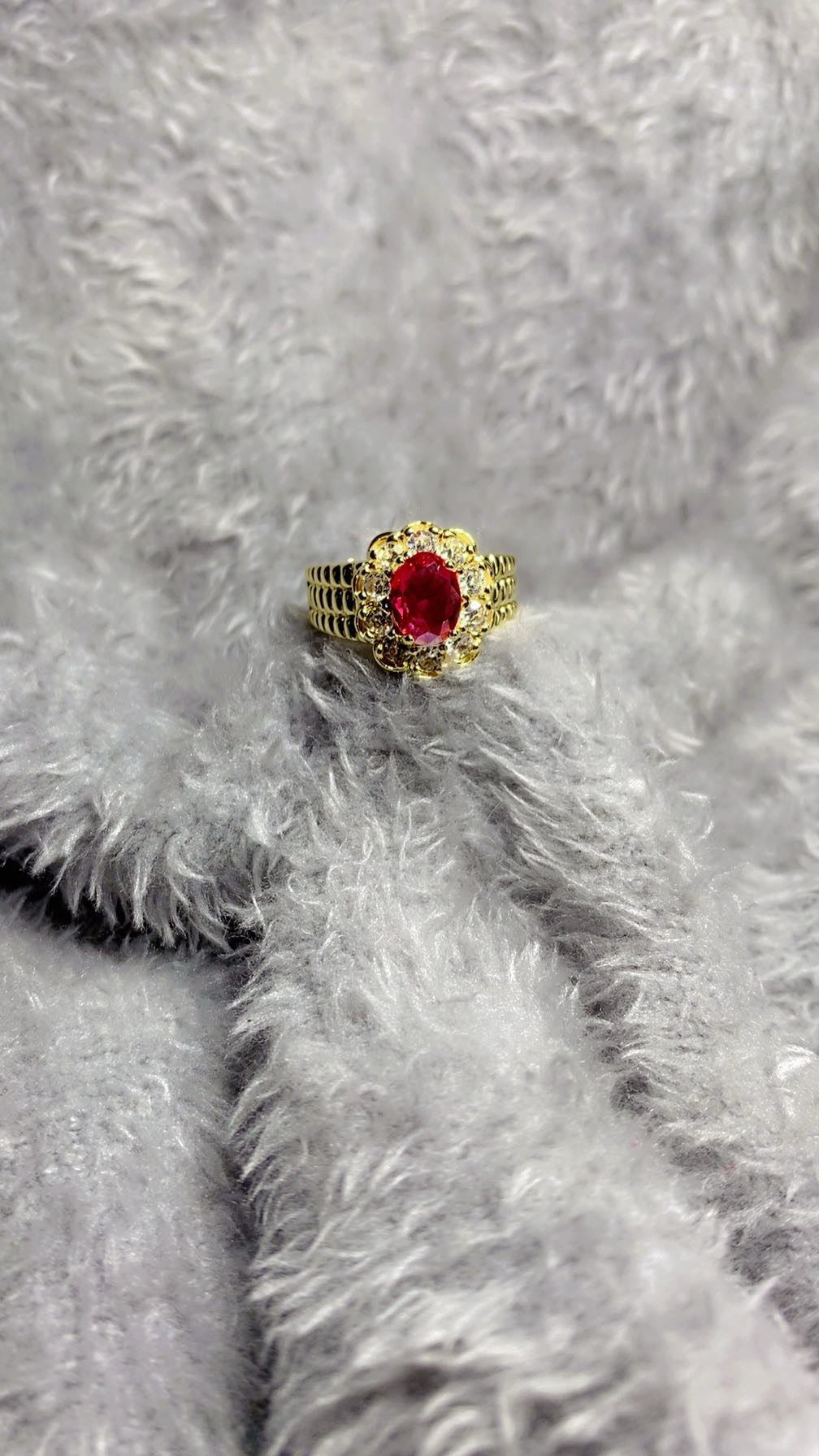 Royal Ruby Red Zircon Cluster Statement Ring – 18K Gold Plated Halo Ring