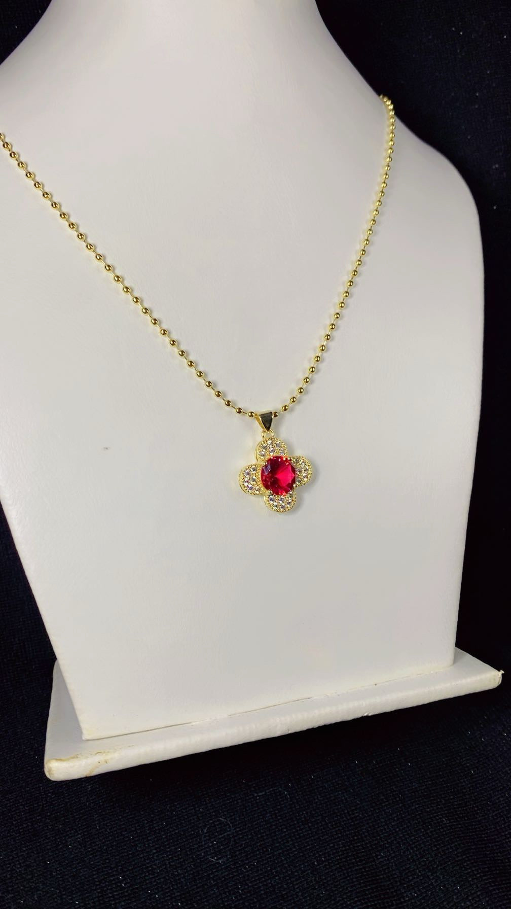 Ruby Red Crystal Four-Leaf Clover Ball Chain Necklace – 18K Gold Plated Gemstone